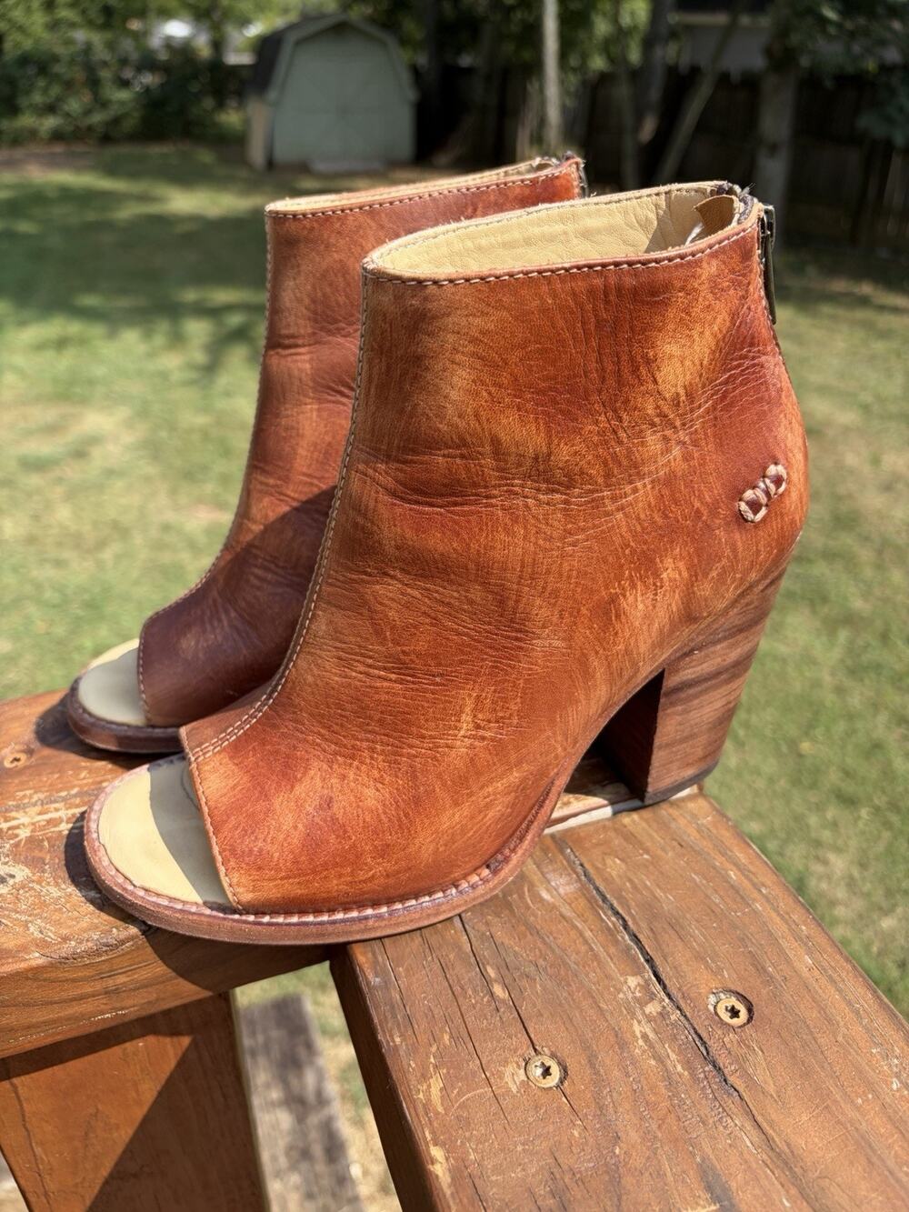BED STU Onset Open Toe Ankle Boots Womens 7.5 Tan Leather Back Zip Heel Booties